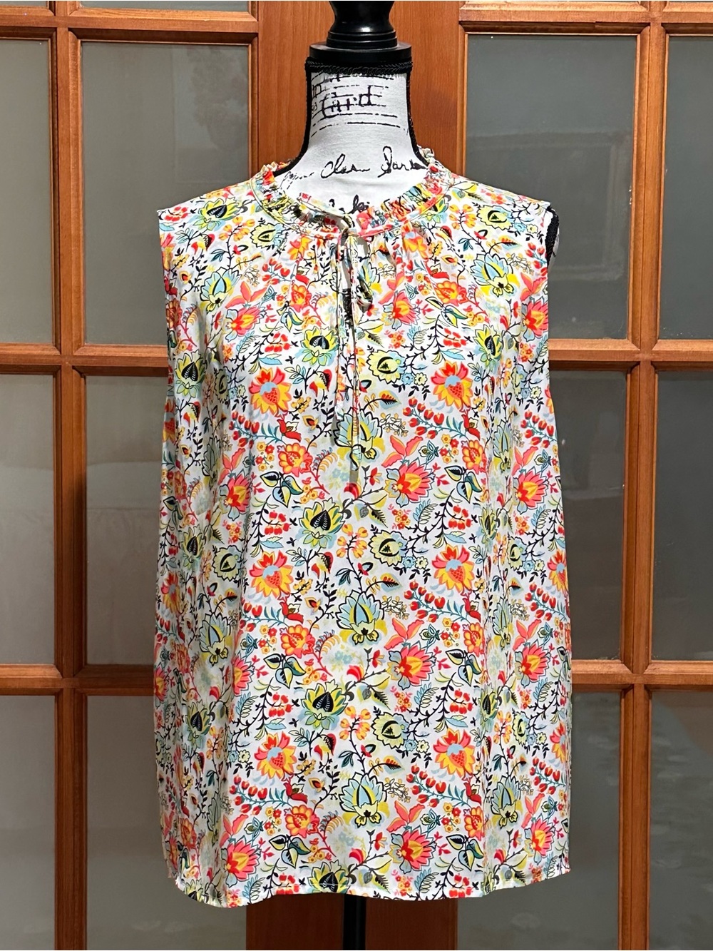 Ann Taylor Factory White Floral Sleeveless Blouse with Coral, Yellow & Aqua